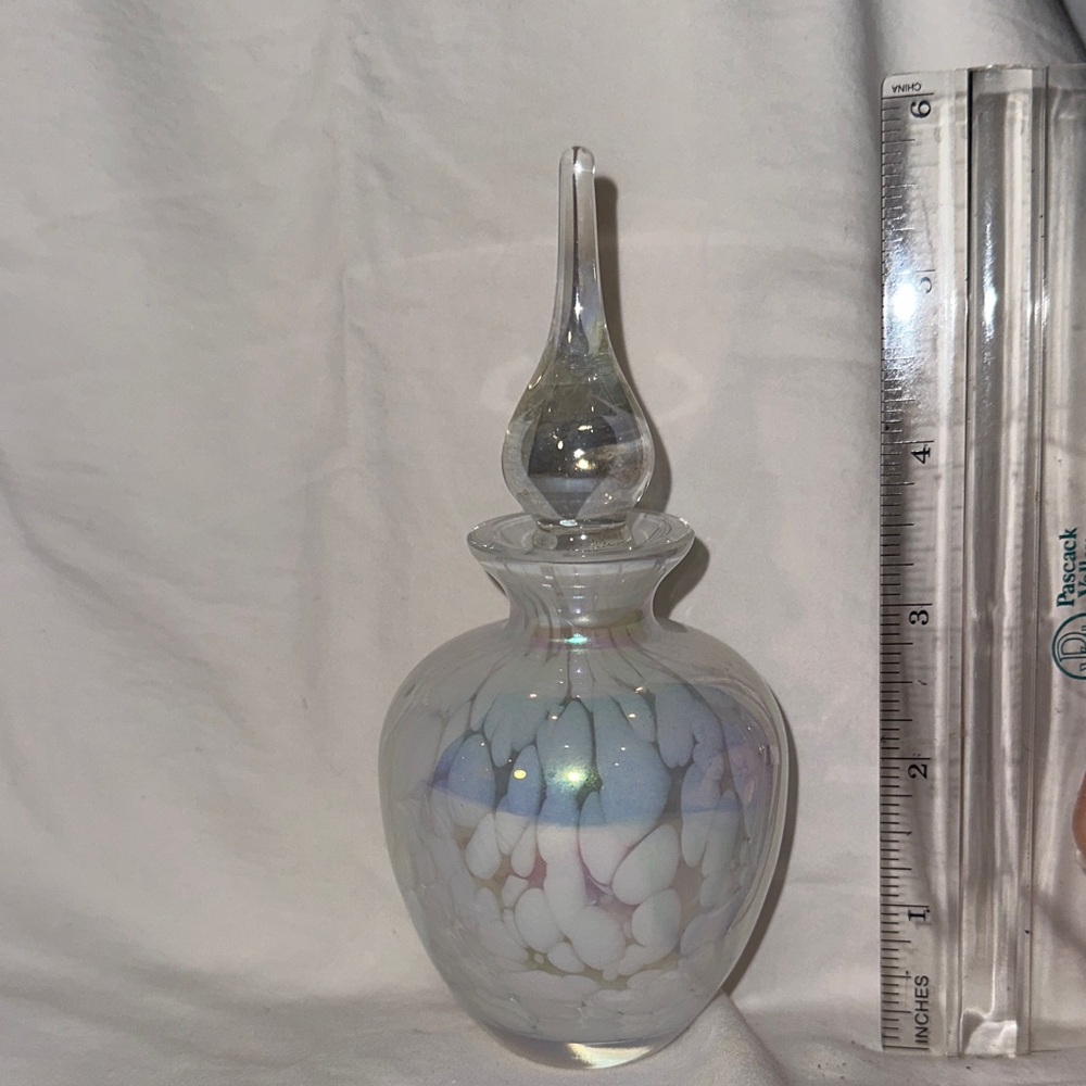 Source Unknown Iridescent Glass Art with White and Blue Accents